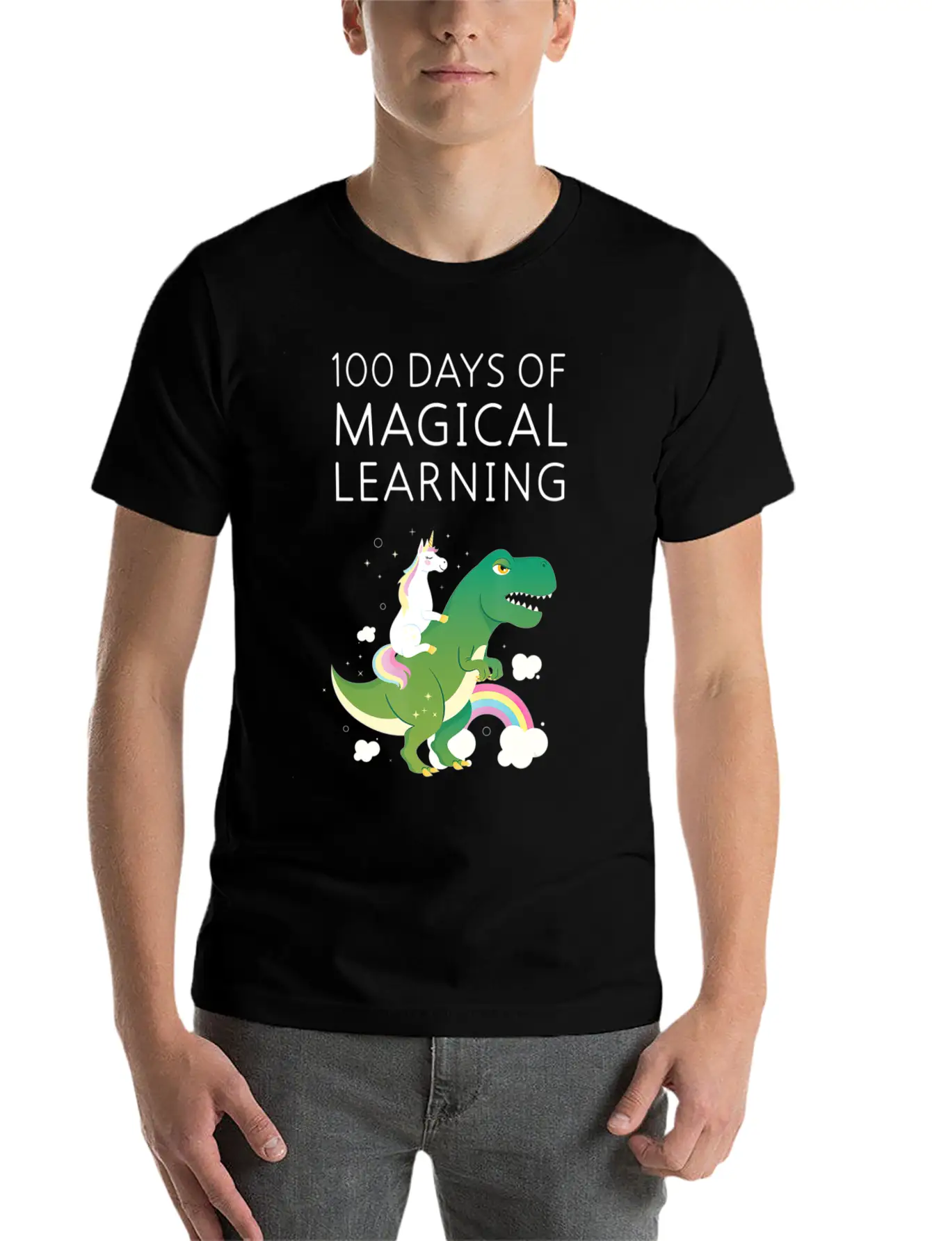 100 Days Of Magical Learning Unicorn T Rex School Basic Graphic T-Shirt – Daily Comfort In Soft Cotton