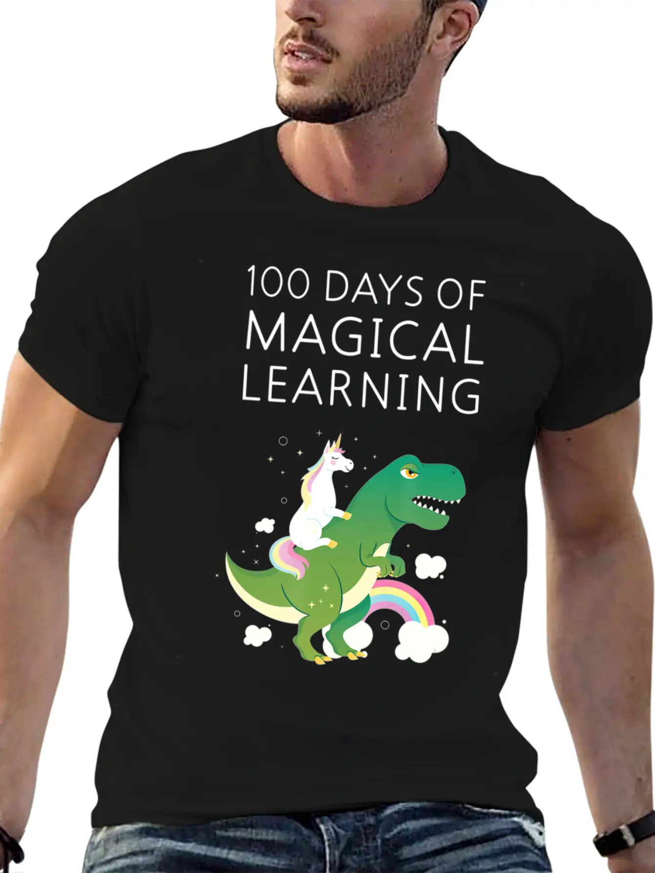 100 Days Of Magical Learning Unicorn T Rex School Basic Graphic T-Shirt – Daily Comfort In Soft Cotton