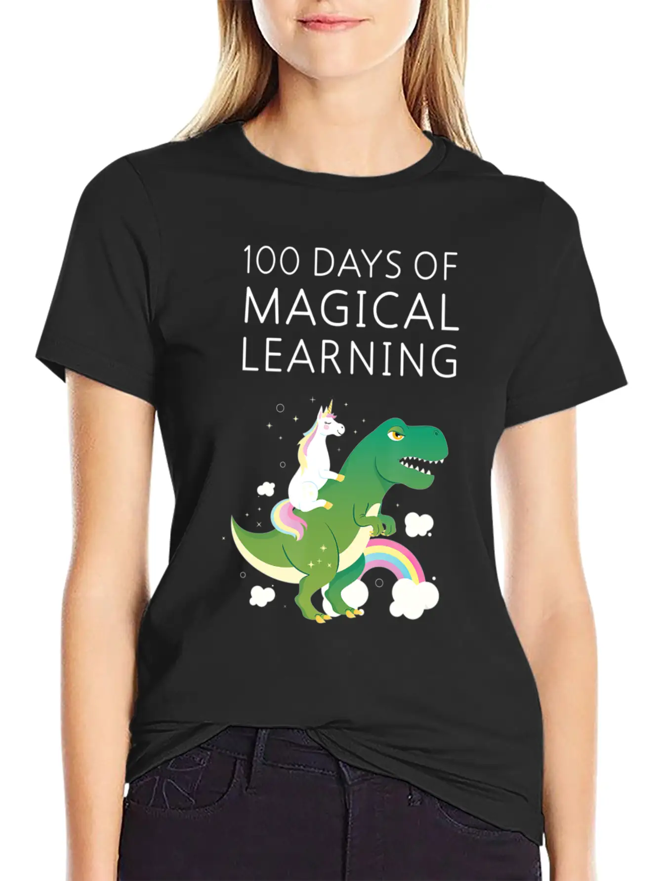 100 Days Of Magical Learning Unicorn T Rex School Basic Graphic T-Shirt – Daily Comfort In Soft Cotton