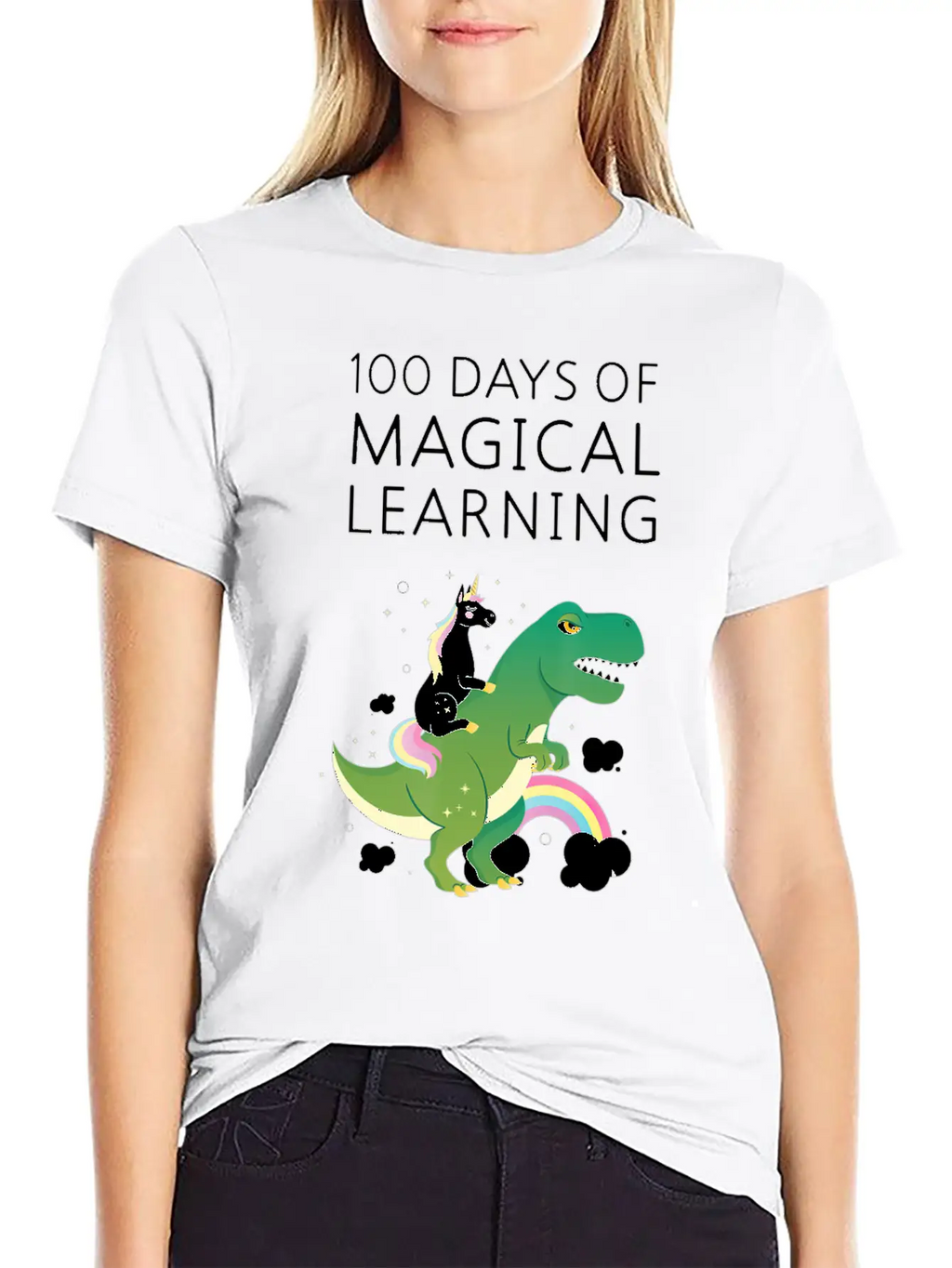 100 Days Of Magical Learning Unicorn T Rex School Basic Graphic T-Shirt – Daily Comfort In Soft Cotton