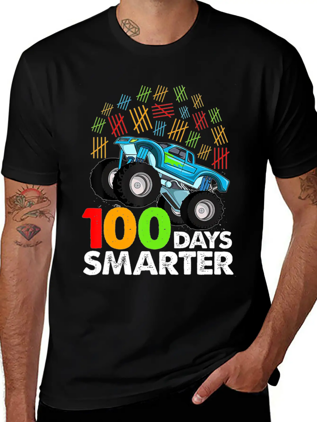100th Day Of School Monster Truck 100 Days Smarter Classic Crew Neck Graphic Tee – Everyday Minimal Look