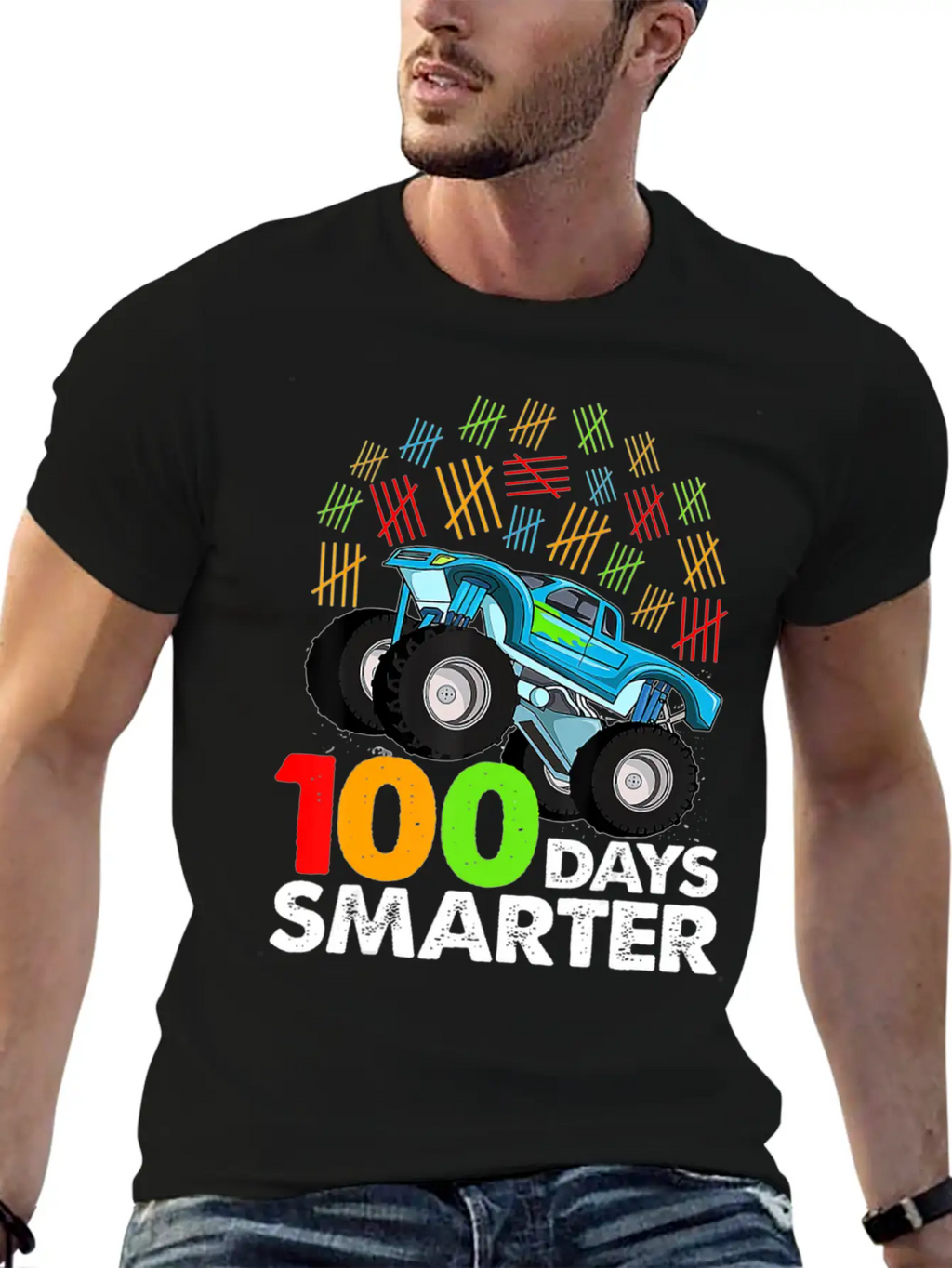 100th Day Of School Monster Truck 100 Days Smarter Classic Crew Neck Graphic Tee – Everyday Minimal Look