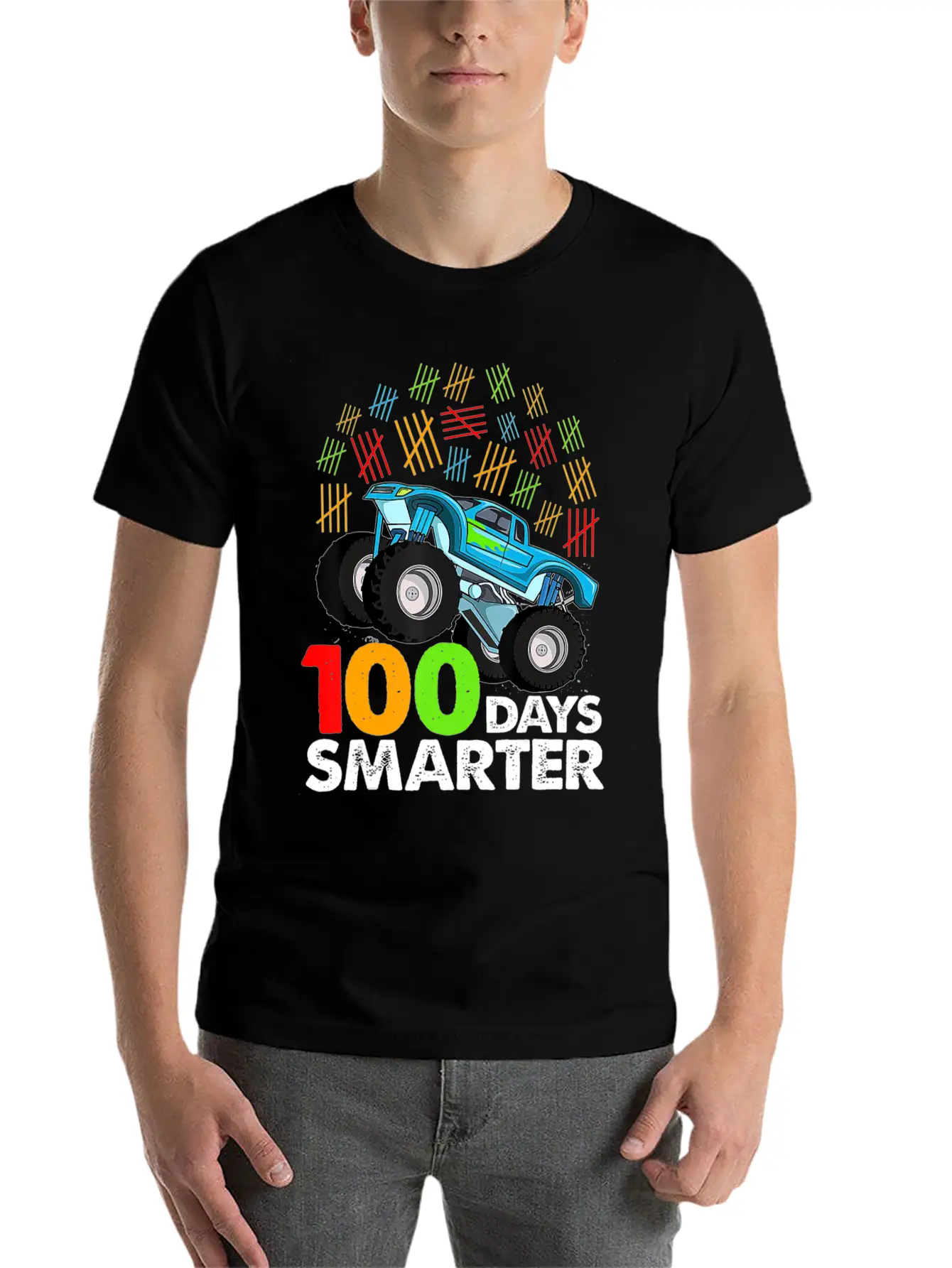 100th Day Of School Monster Truck 100 Days Smarter Classic Crew Neck Graphic Tee – Everyday Minimal Look