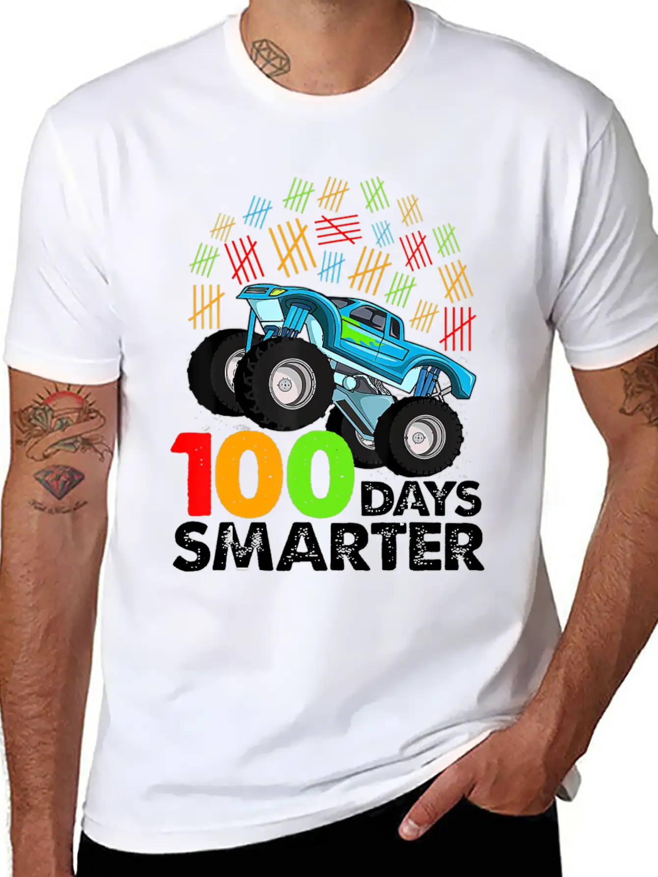 100th Day Of School Monster Truck 100 Days Smarter Classic Crew Neck Graphic Tee – Everyday Minimal Look