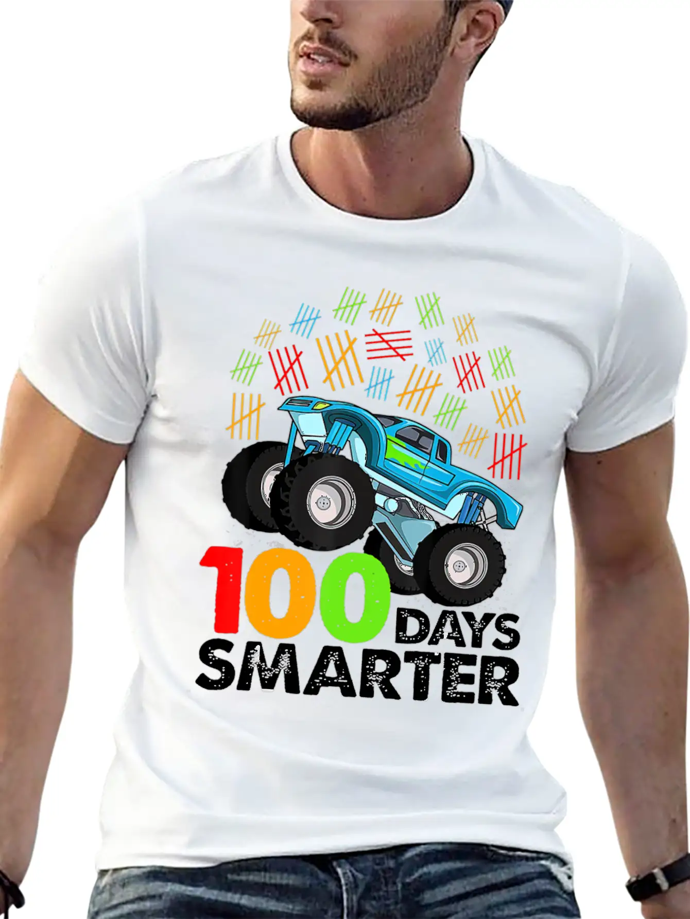 100th Day Of School Monster Truck 100 Days Smarter Classic Crew Neck Graphic Tee – Everyday Minimal Look