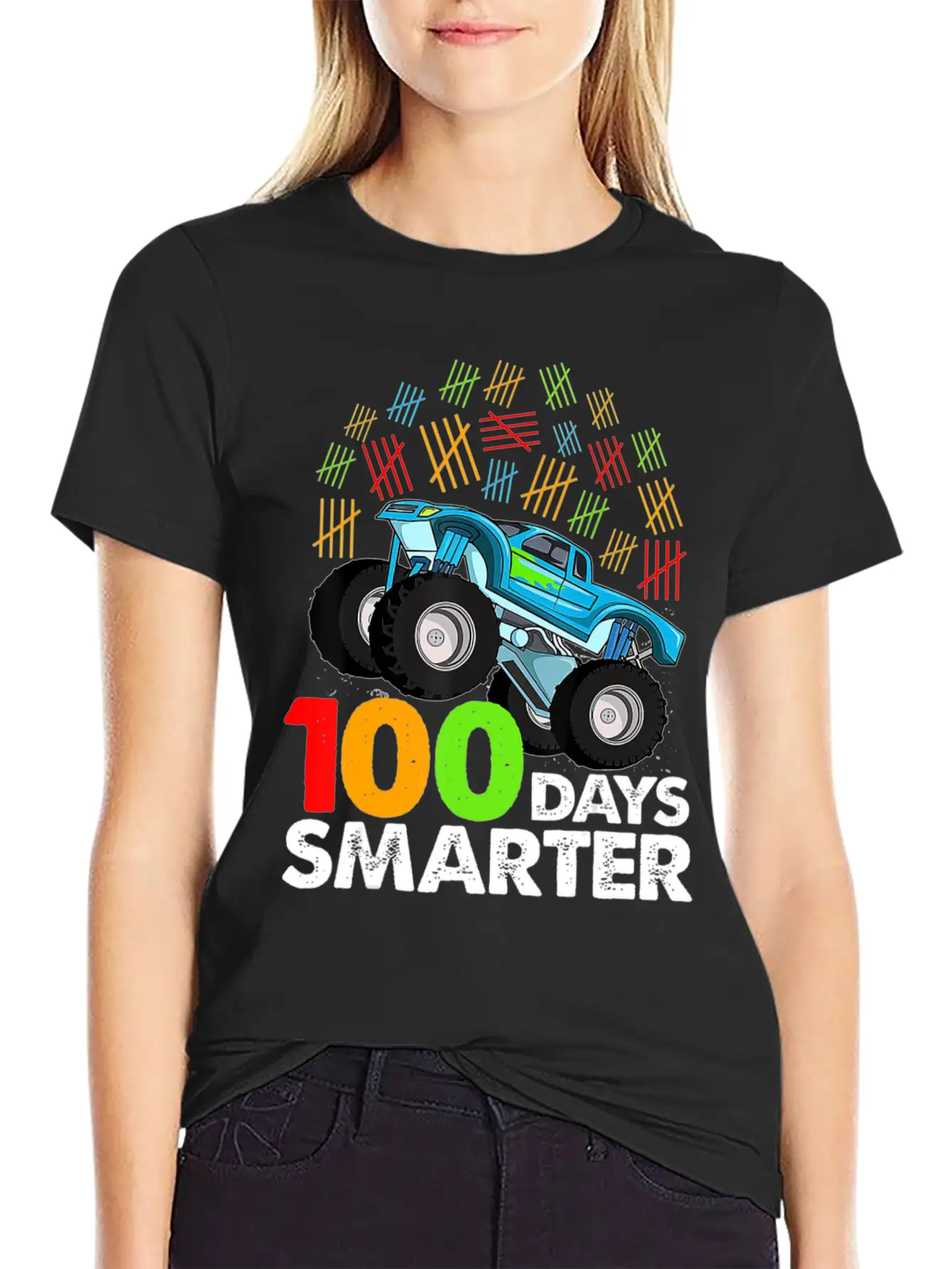 100th Day Of School Monster Truck 100 Days Smarter Classic Crew Neck Graphic Tee – Everyday Minimal Look