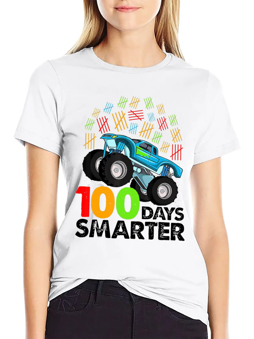 100th Day Of School Monster Truck 100 Days Smarter Classic Crew Neck Graphic Tee – Everyday Minimal Look