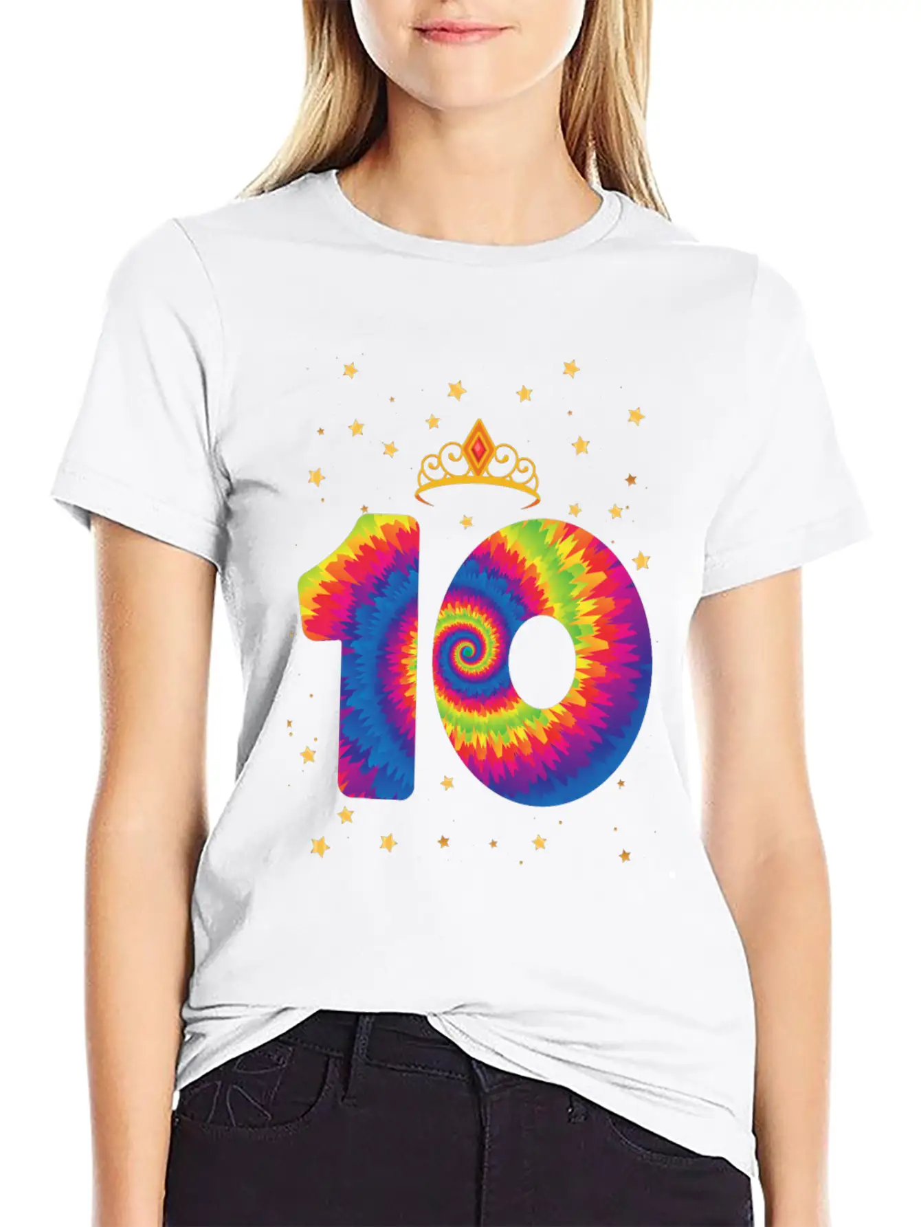 10th Birthday Crown | Tie Dye Themed Birthday | Comfortable Minimalist Graphic Tee – Summer Style Essential