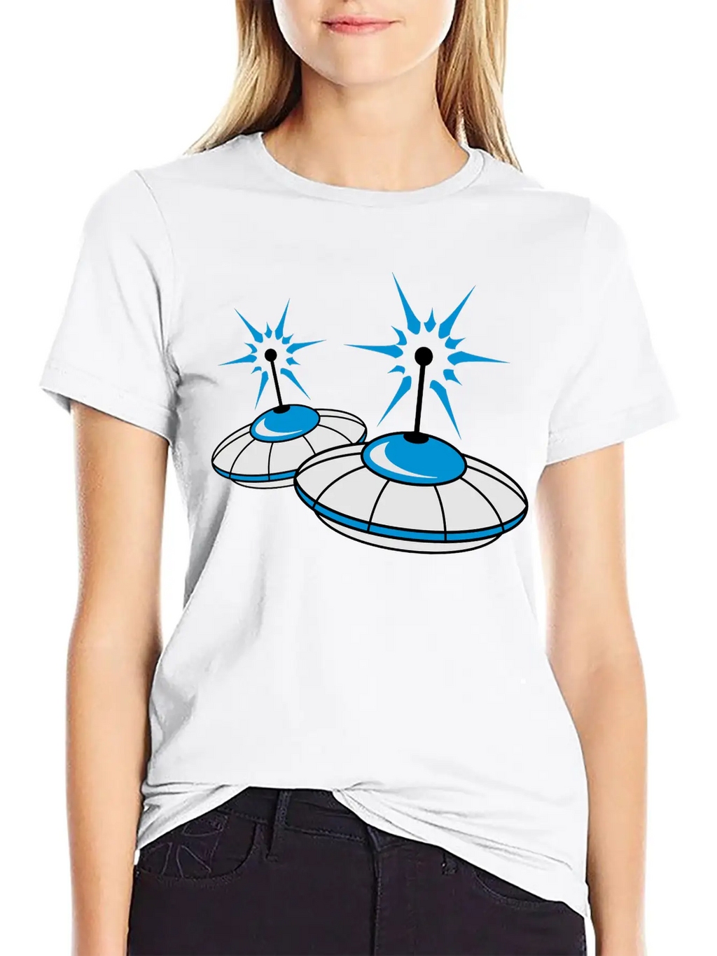 2 Team Squad Pattern Ufo Blue Flying Saucer Sparks Classic Crew Neck Graphic Tee – Everyday Minimal Look