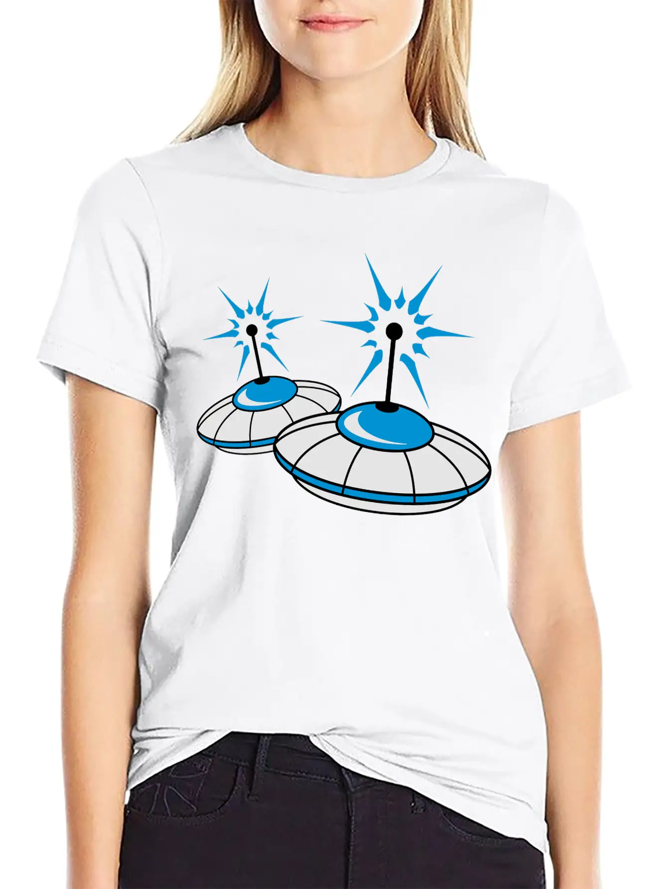 2 Team Squad Pattern Ufo Blue Flying Saucer Sparks Classic Crew Neck Graphic Tee – Everyday Minimal Look
