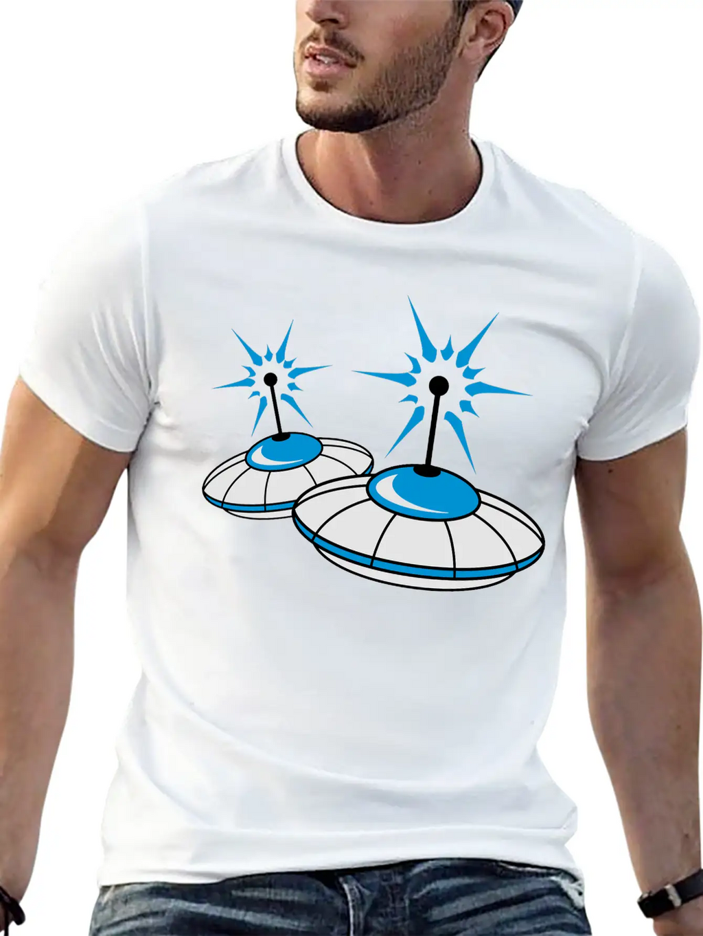 2 Team Squad Pattern Ufo Blue Flying Saucer Sparks Classic Crew Neck Graphic Tee – Everyday Minimal Look