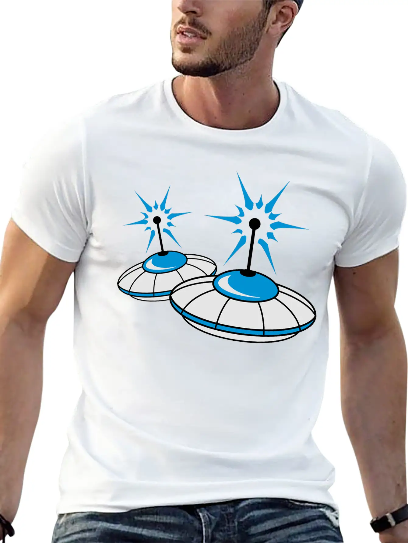 2 Team Squad Pattern Ufo Blue Flying Saucer Sparks Classic Crew Neck Graphic Tee – Everyday Minimal Look