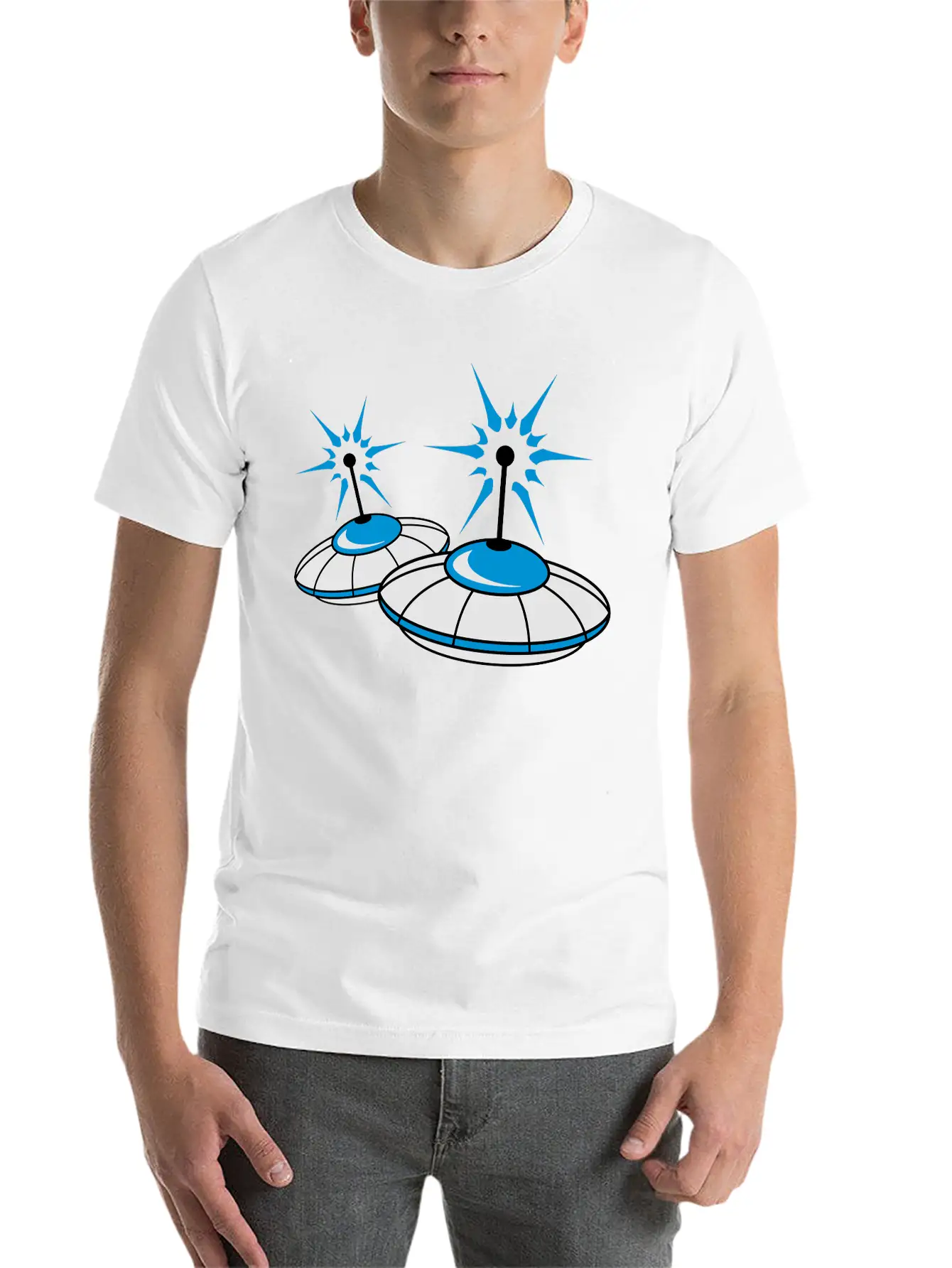 2 Team Squad Pattern Ufo Blue Flying Saucer Sparks Classic Crew Neck Graphic Tee – Everyday Minimal Look
