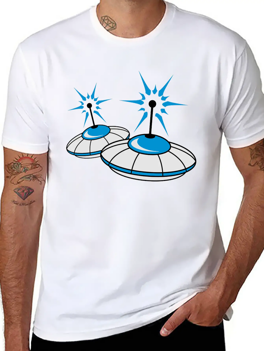 2 Team Squad Pattern Ufo Blue Flying Saucer Sparks Classic Crew Neck Graphic Tee – Everyday Minimal Look