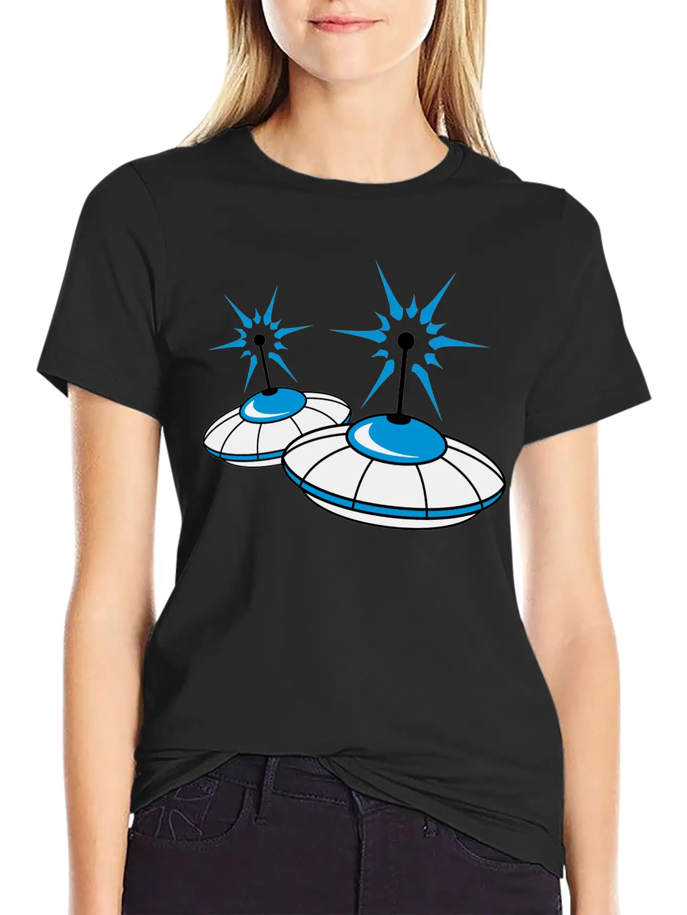 2 Team Squad Pattern Ufo Blue Flying Saucer Sparks Classic Crew Neck Graphic Tee – Everyday Minimal Look