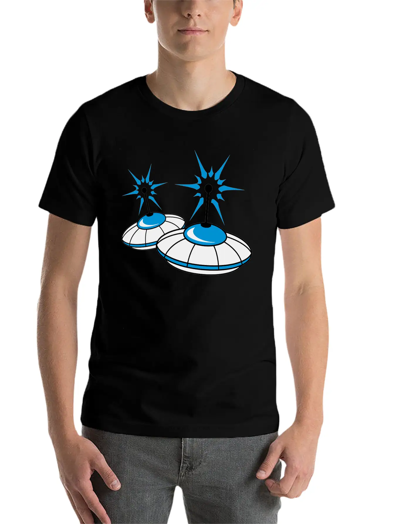 2 Team Squad Pattern Ufo Blue Flying Saucer Sparks Classic Crew Neck Graphic Tee – Everyday Minimal Look