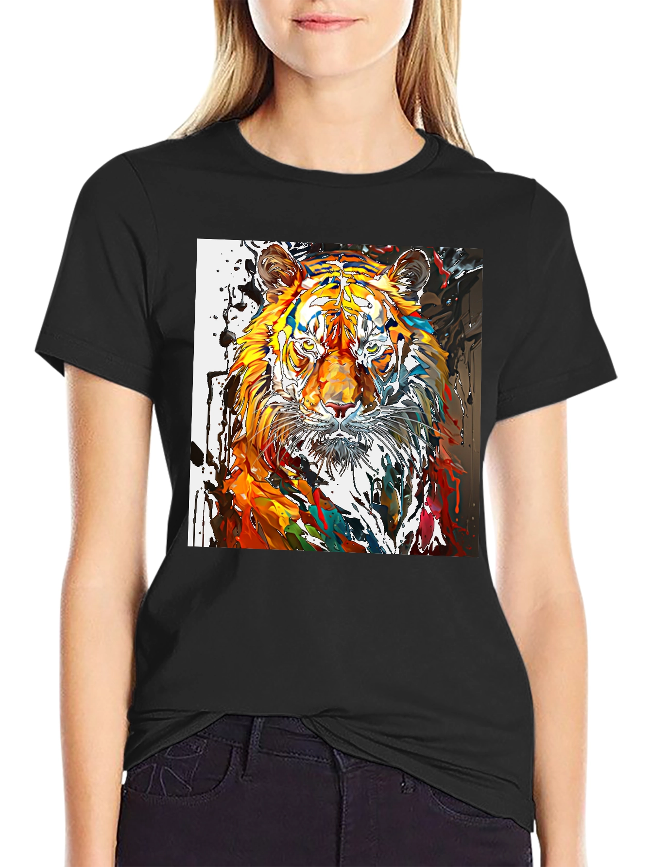 Abstract Tiger Graphic Black T-Shirt