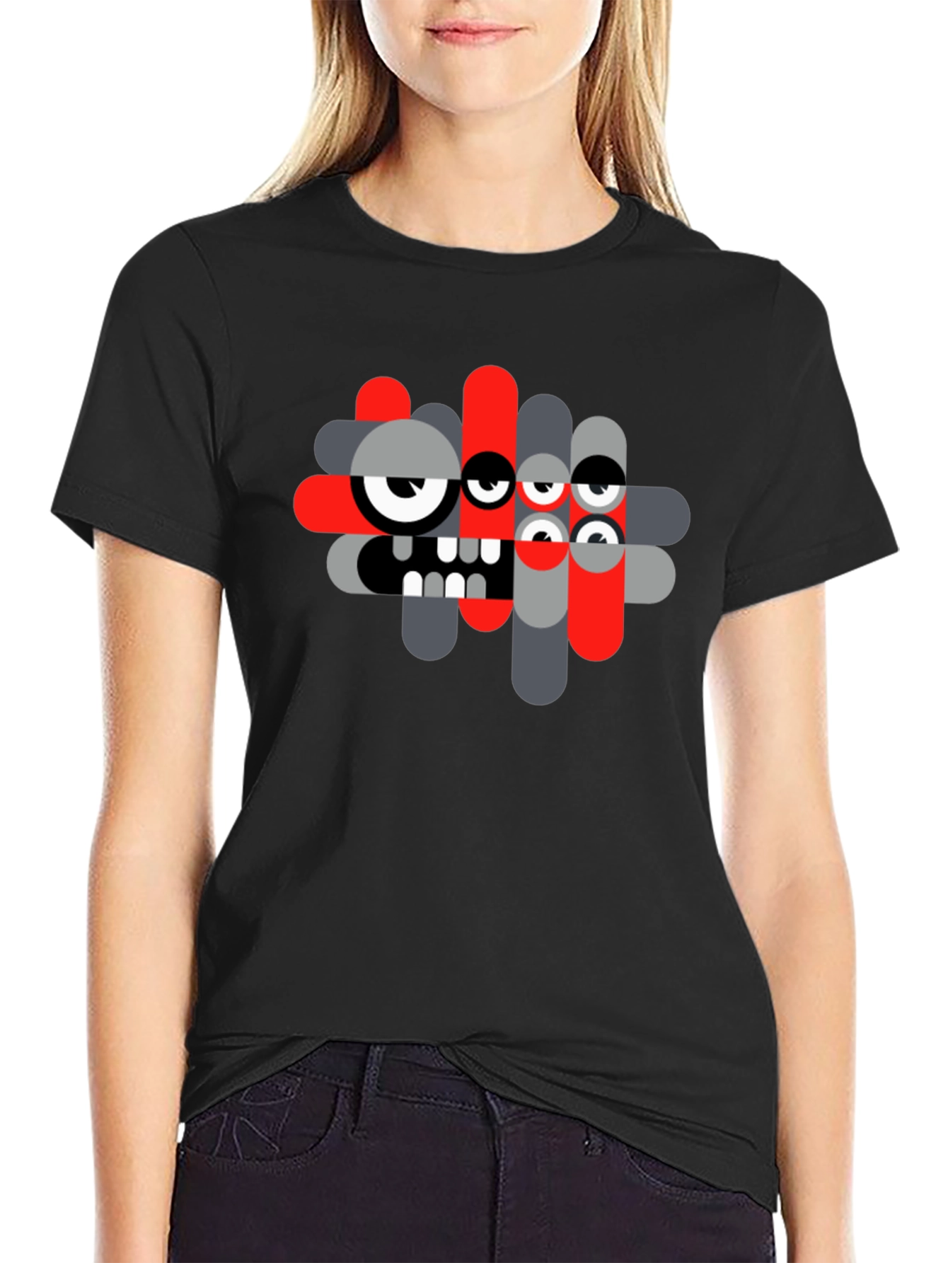 Abstract Monster Graphic Tee - Black Casual T-Shirt