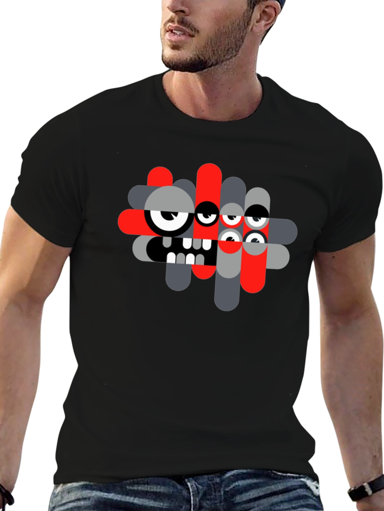 Abstract Monster Graphic Tee - Black Casual T-Shirt
