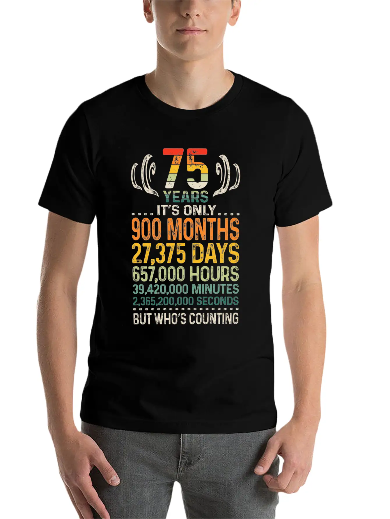 75 Years 900 Months 27375 Days Who's Counting 75th Classic Crew Neck Graphic Tee – Everyday Minimal Look