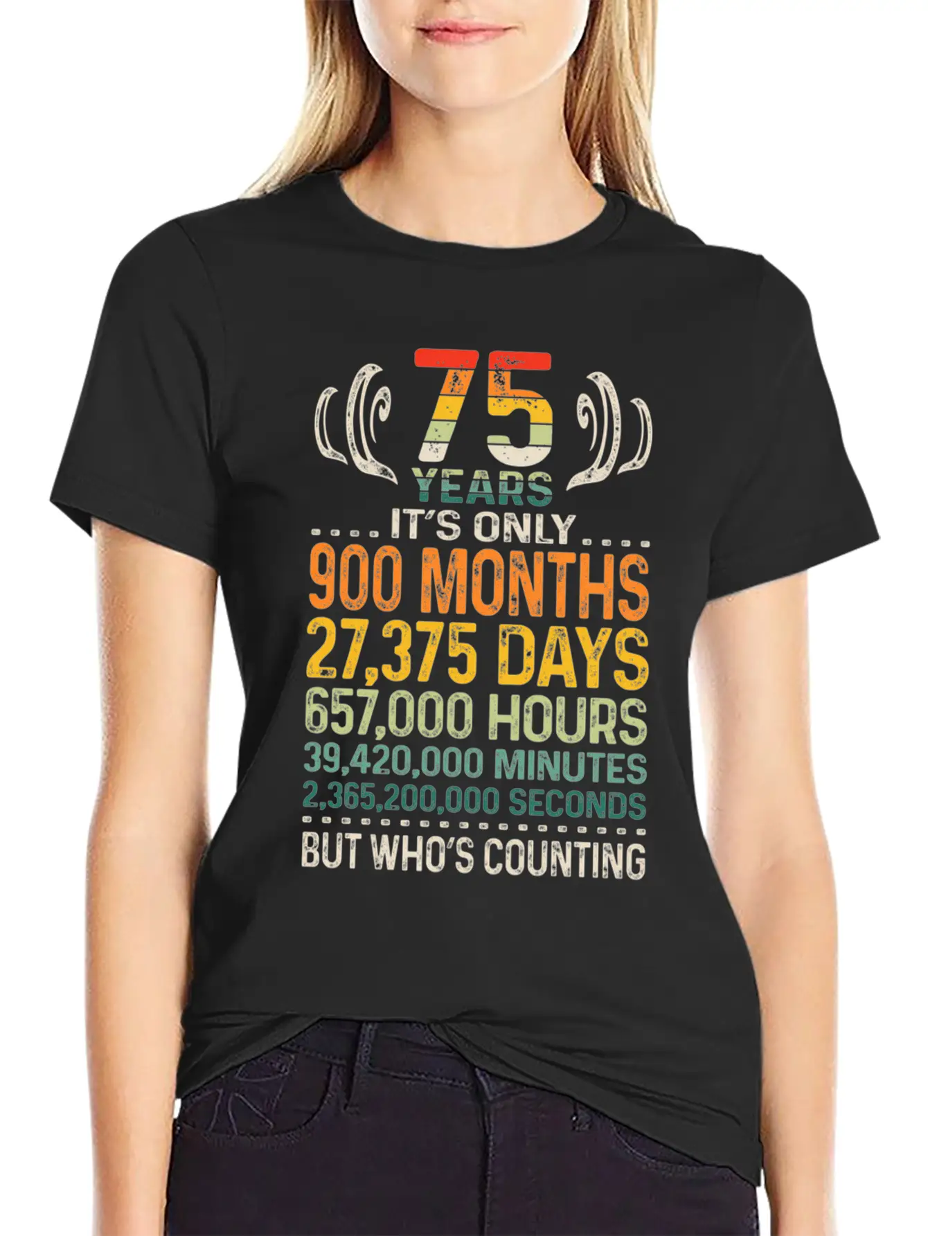 75 Years 900 Months 27375 Days Who's Counting 75th Classic Crew Neck Graphic Tee – Everyday Minimal Look