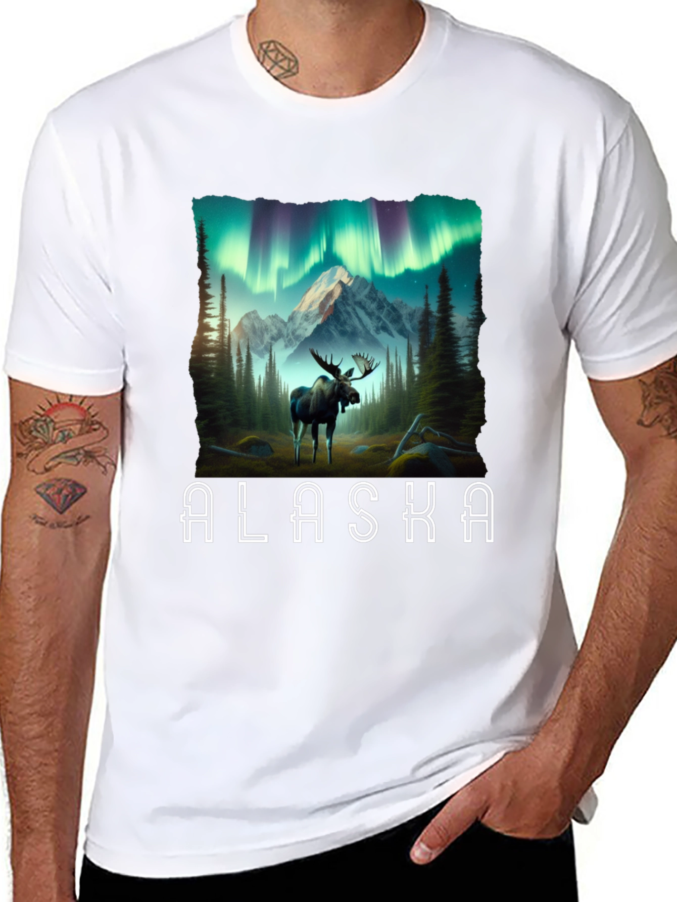 Alaska Moose T-Shirt Northern Lights Graphic Tee