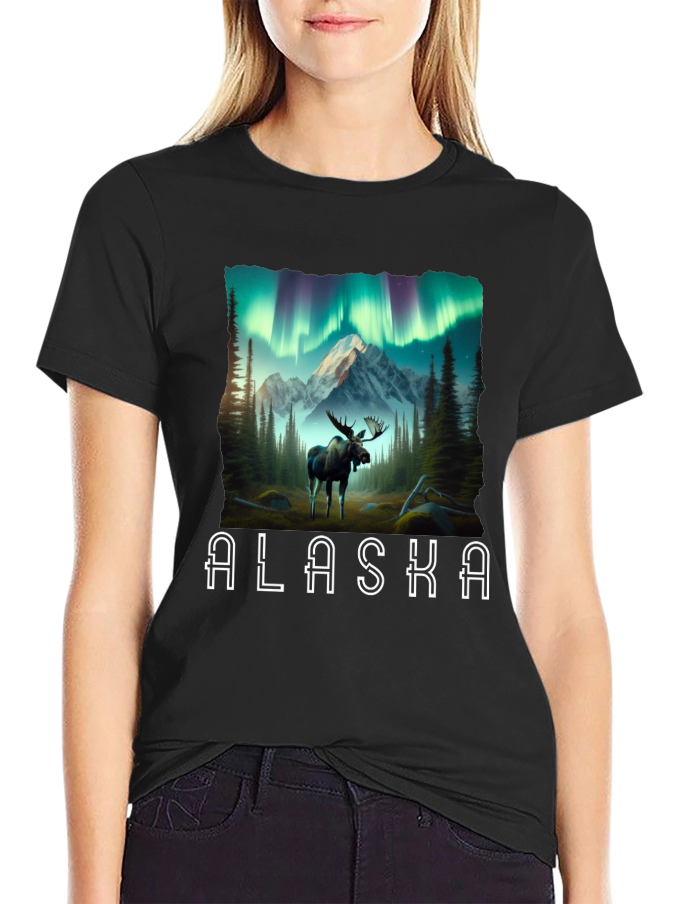 Alaska Moose T-Shirt Northern Lights Graphic Tee