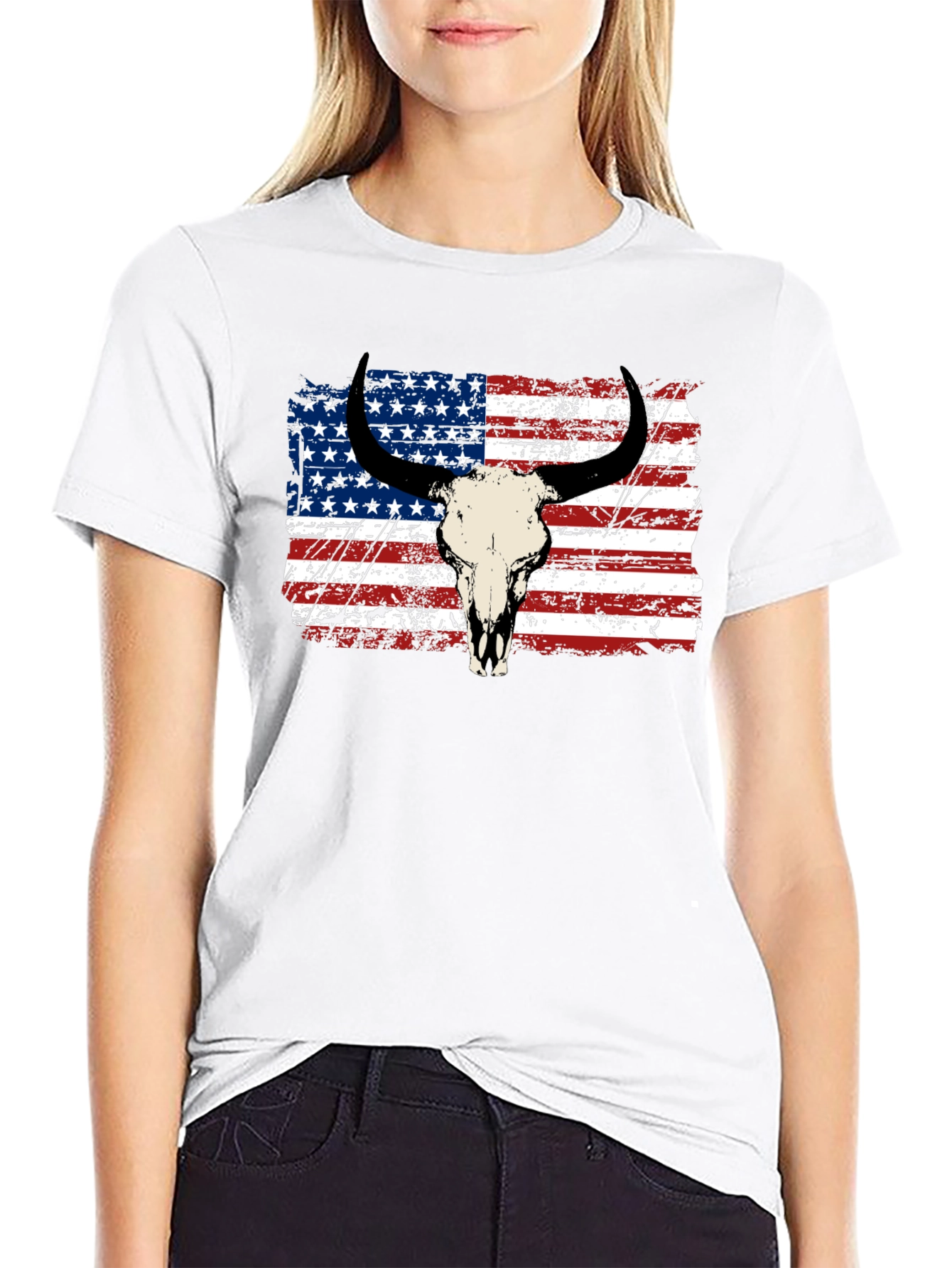 American Flag Bull Skull Graphic Tee