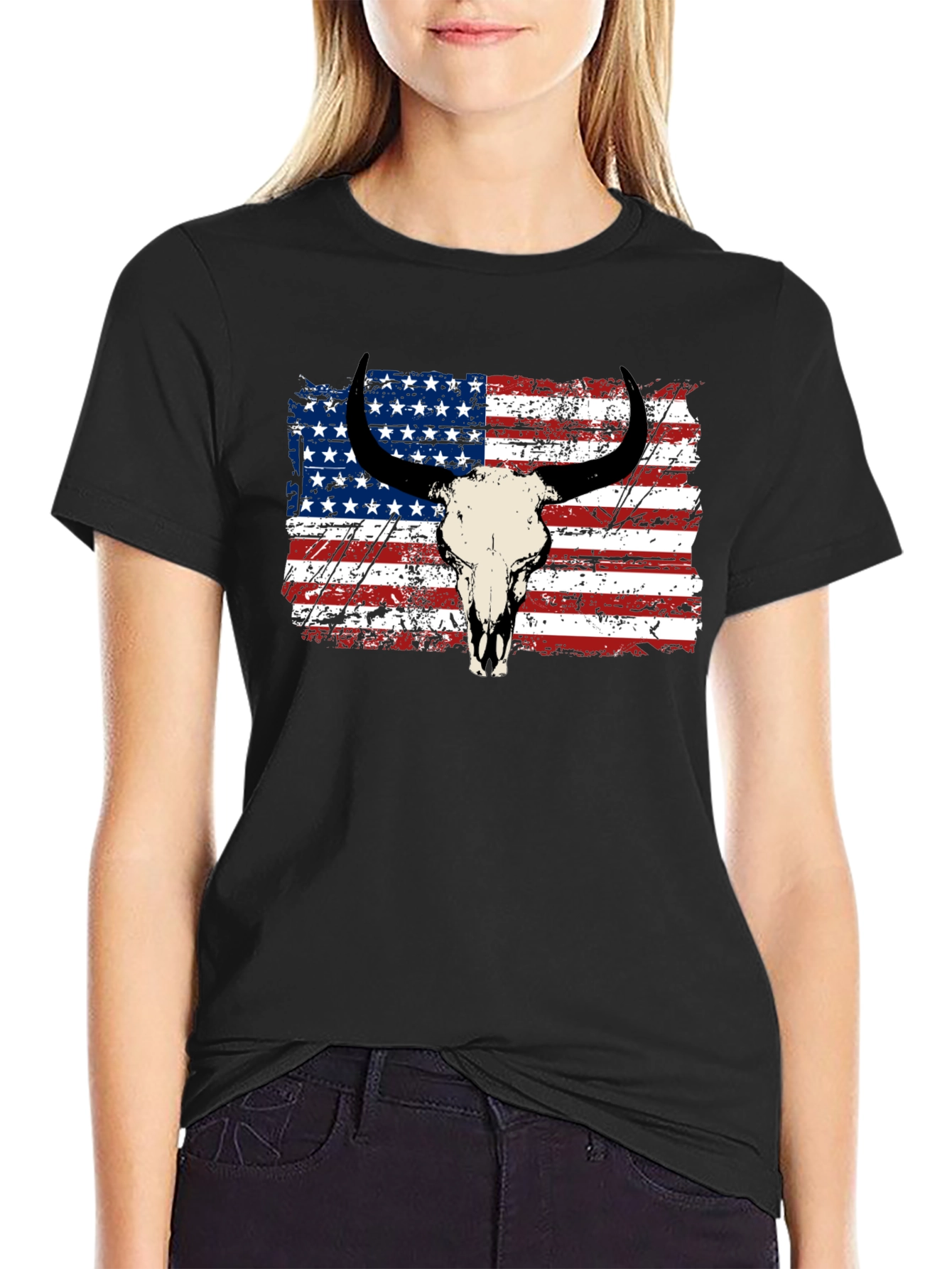 American Flag Bull Skull Graphic Tee