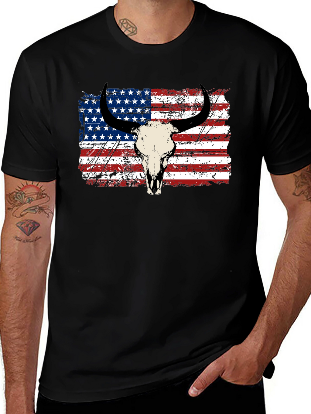 American Flag Bull Skull Graphic Tee