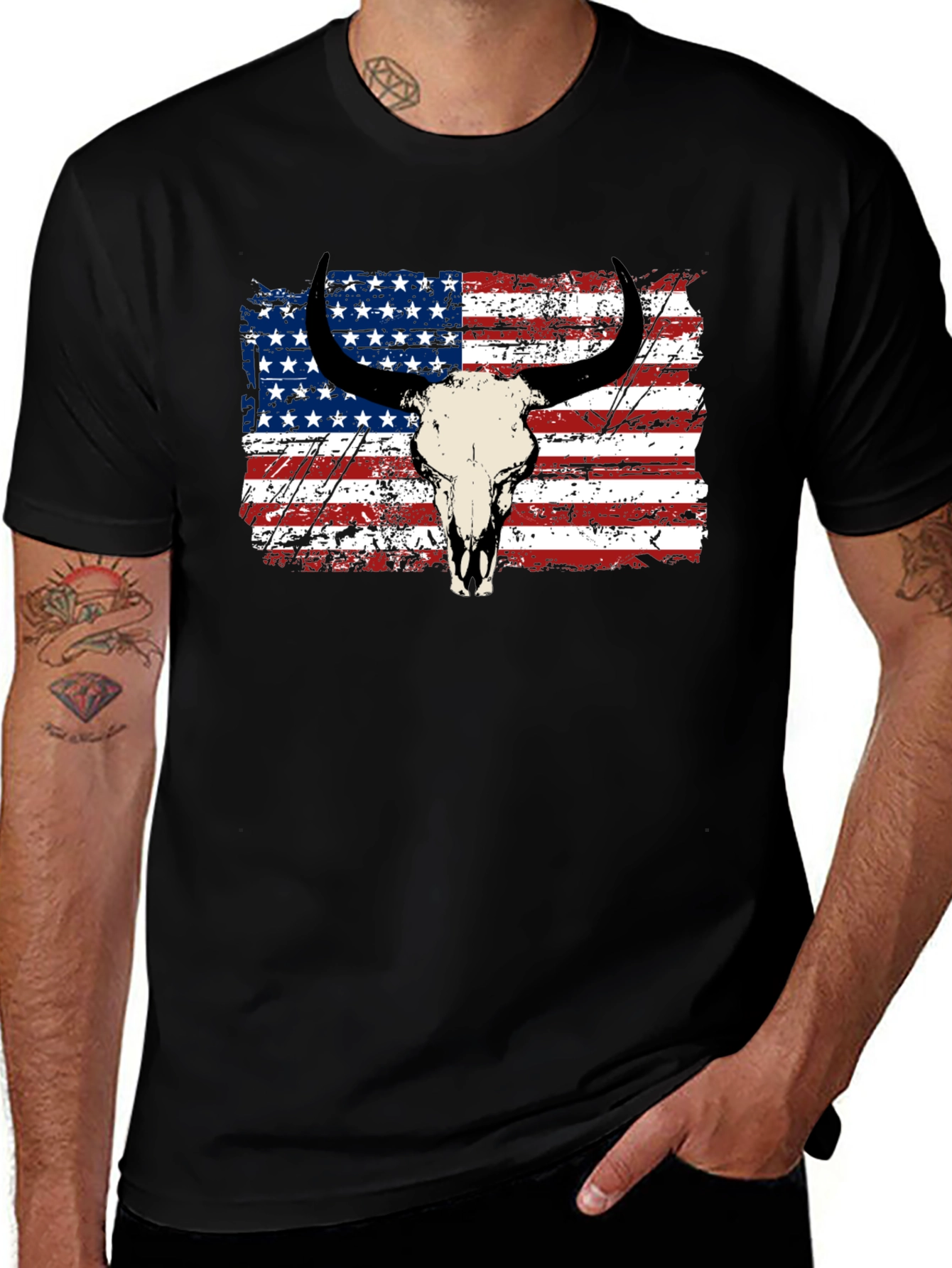 American Flag Bull Skull Graphic Tee