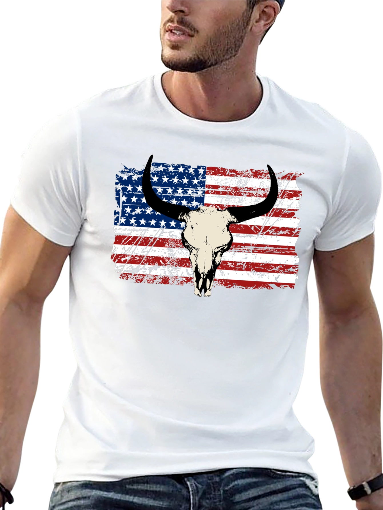American Flag Bull Skull Graphic Tee