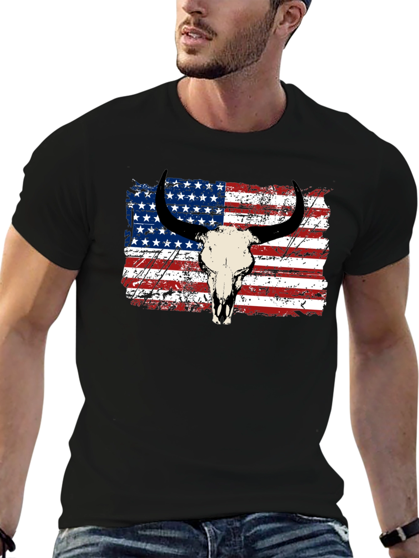 American Flag Bull Skull Graphic Tee
