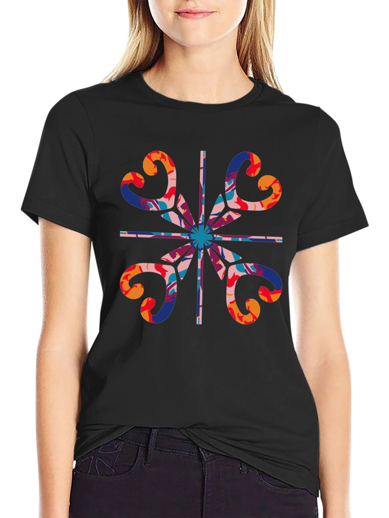 Abstract Heart Pattern Black T-Shirt