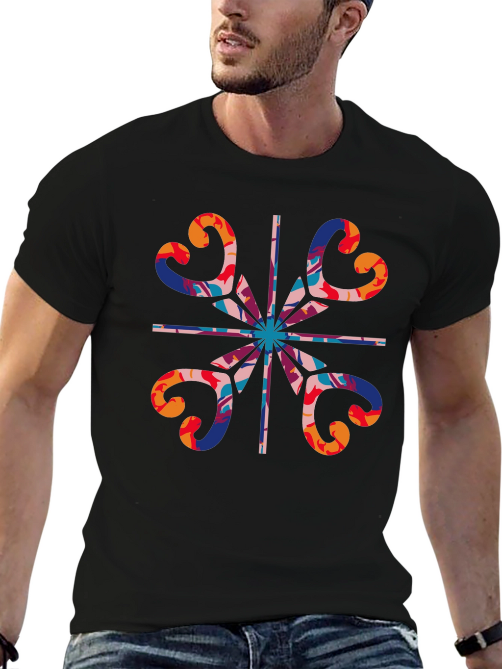 Abstract Heart Pattern Black T-Shirt