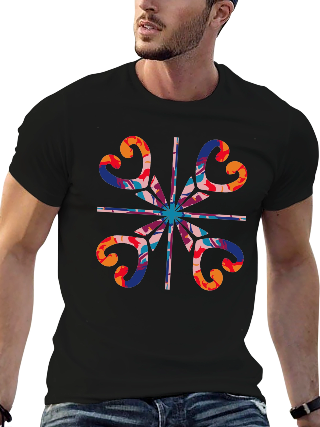 Abstract Heart Pattern Black T-Shirt