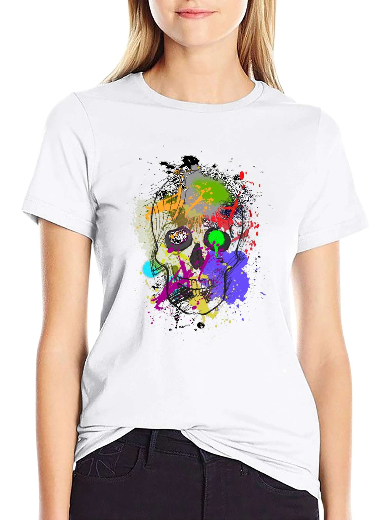 Abstract Splatter Skull Graphic Black T-Shirt