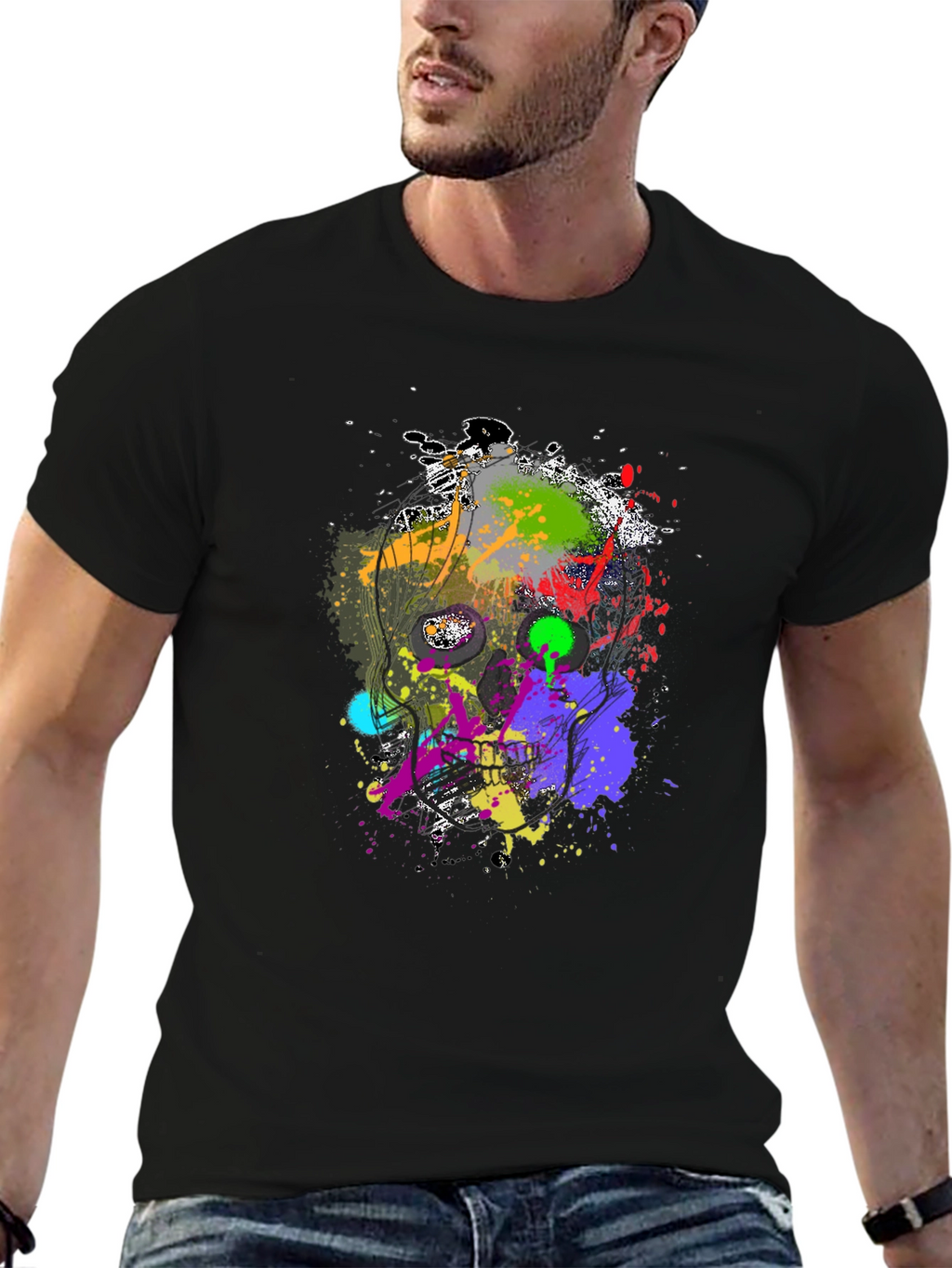 Abstract Splatter Skull Graphic Black T-Shirt