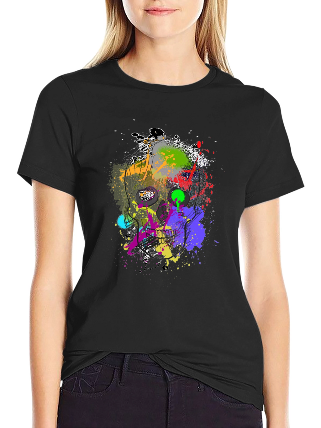 Abstract Splatter Skull Graphic Black T-Shirt