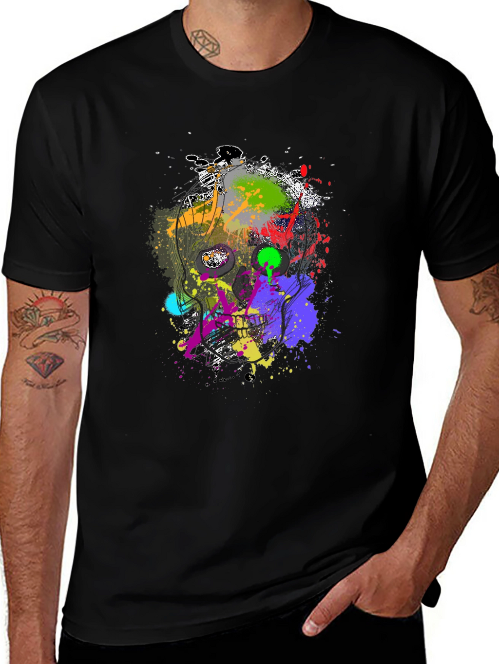 Abstract Splatter Skull Graphic Black T-Shirt
