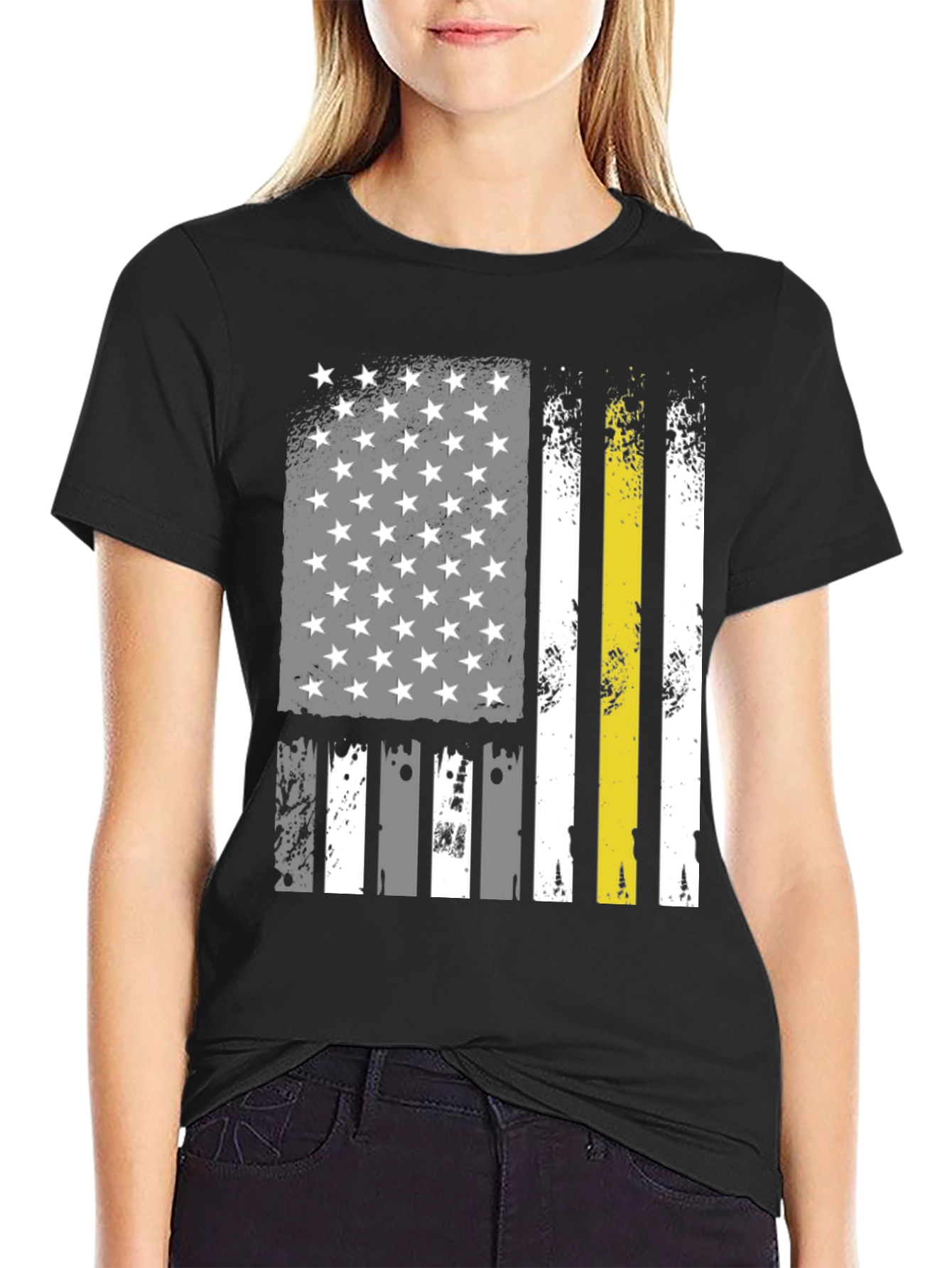 American Flag Thin Yellow Line Black T-Shirt