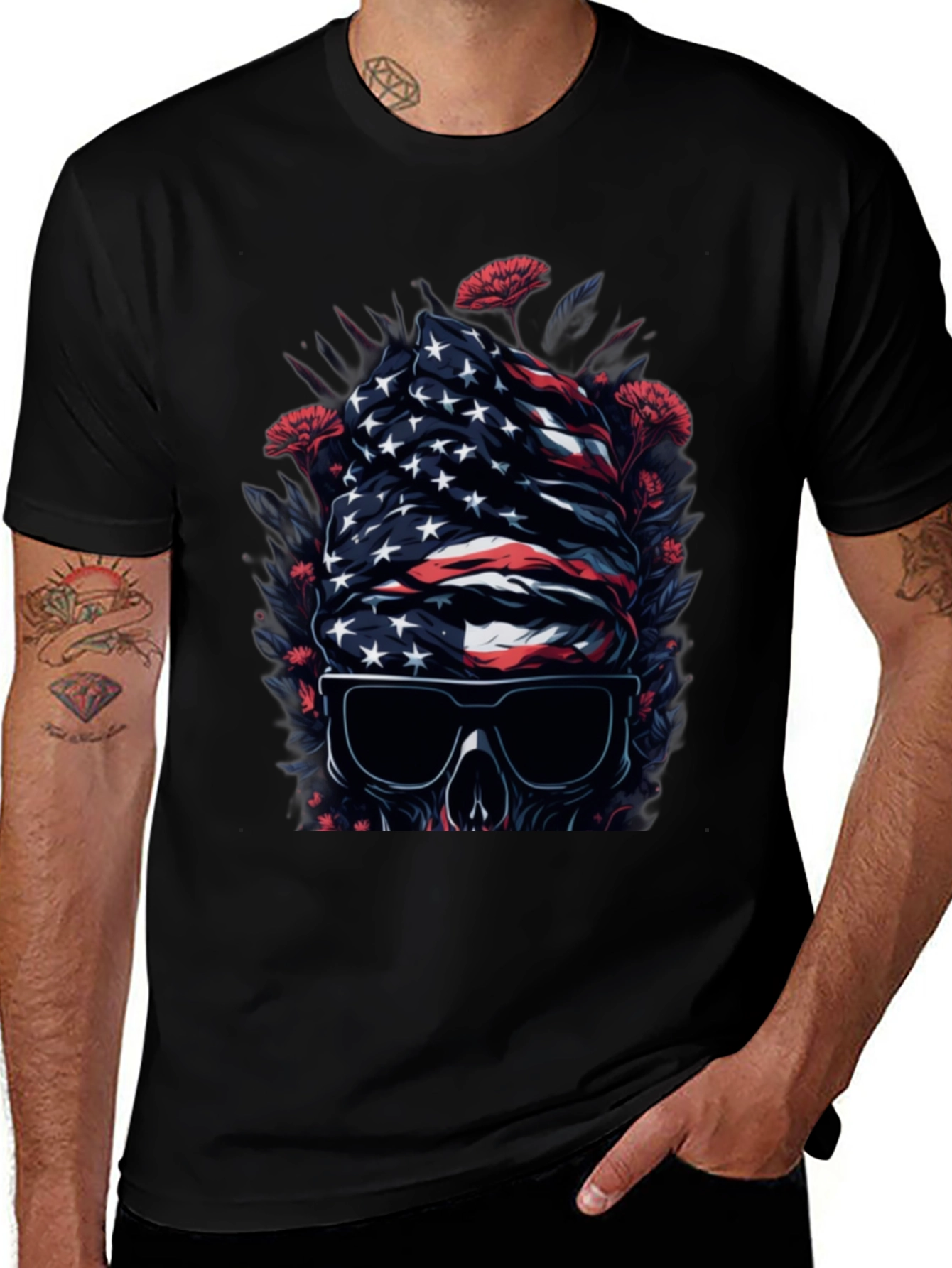 American Flag Skull Graphic Tee - Patriotic Style