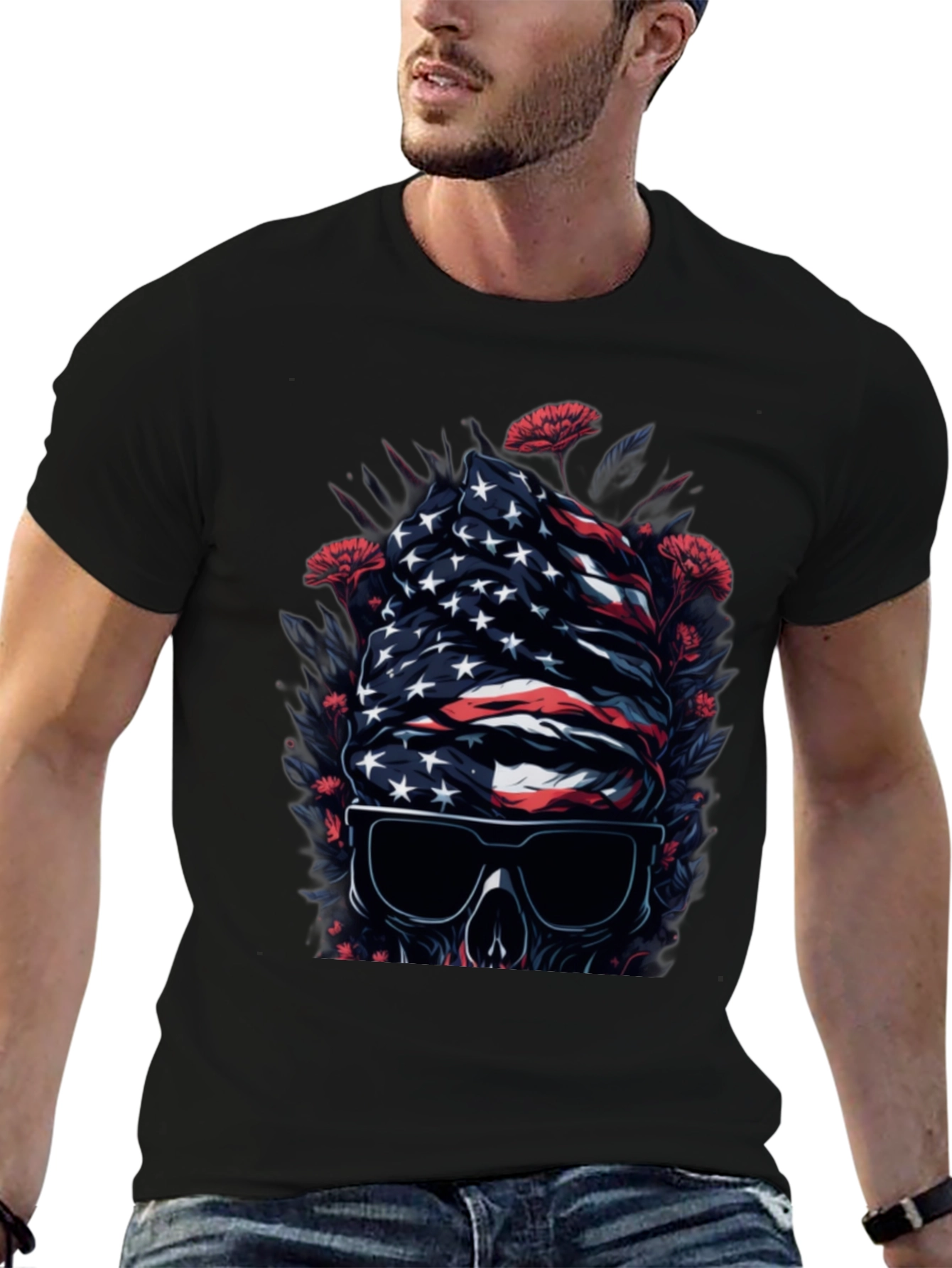 American Flag Skull Graphic Tee - Patriotic Style