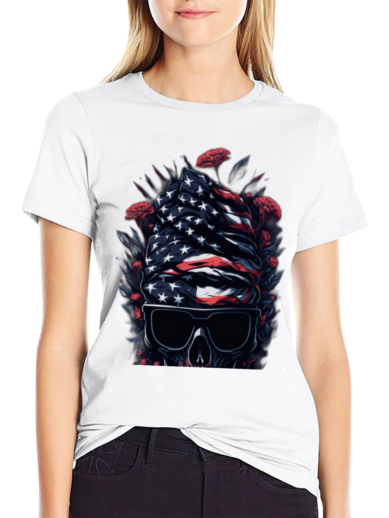 American Flag Skull Graphic Tee - Patriotic Style