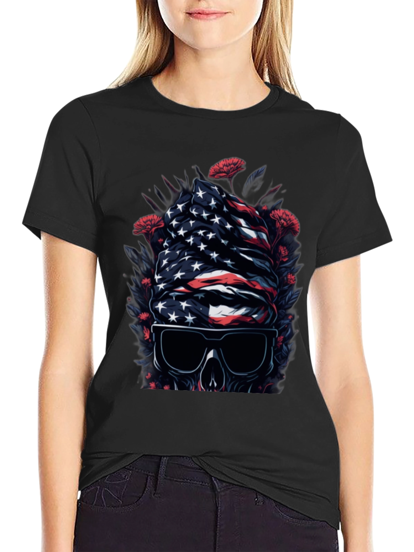 American Flag Skull Graphic Tee - Patriotic Style