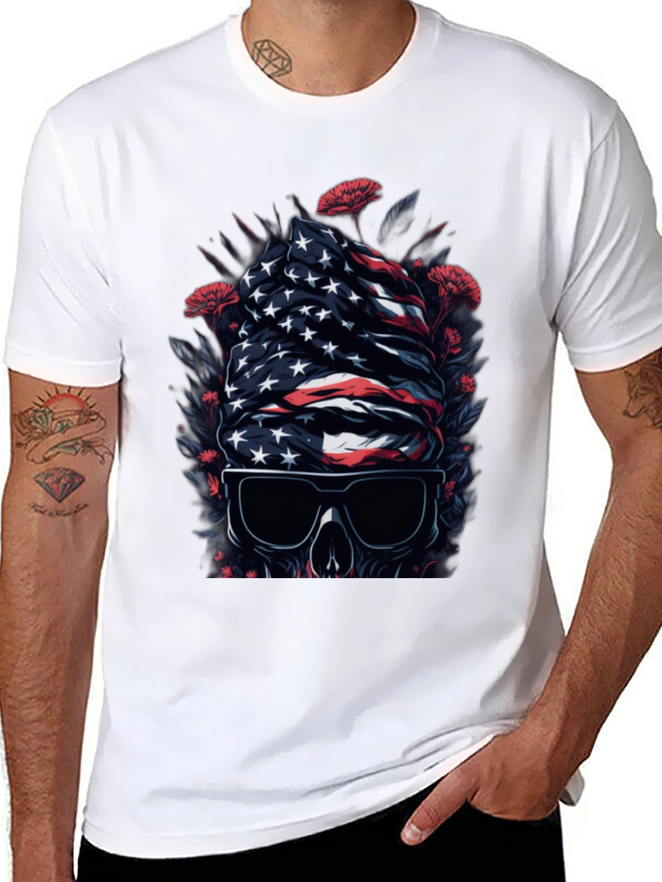 American Flag Skull Graphic Tee - Patriotic Style