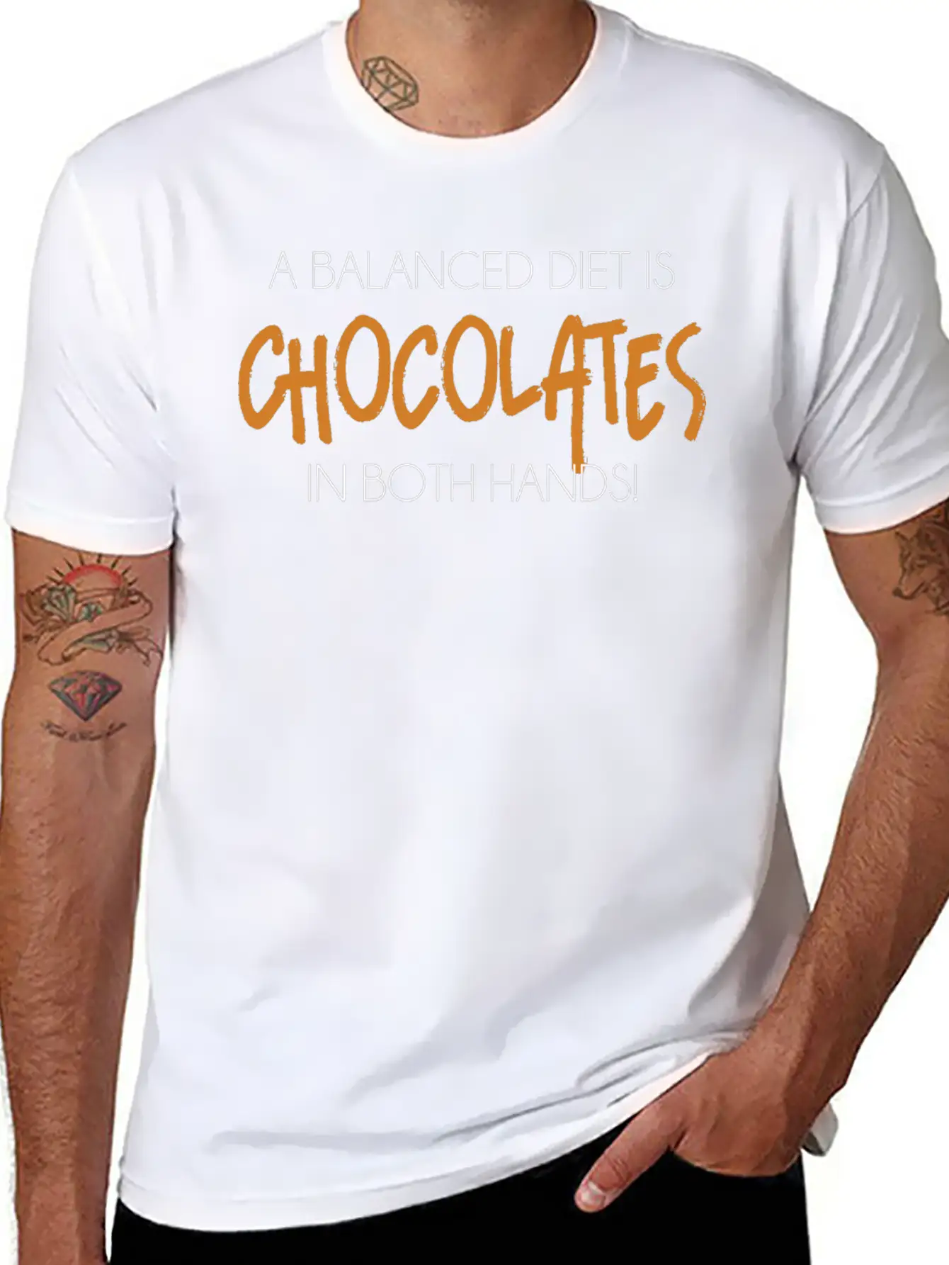 A Balanced Diet Is Chocolates In Both Hands T-Shir Classic Crew Neck Graphic Tee – Everyday Minimal Look