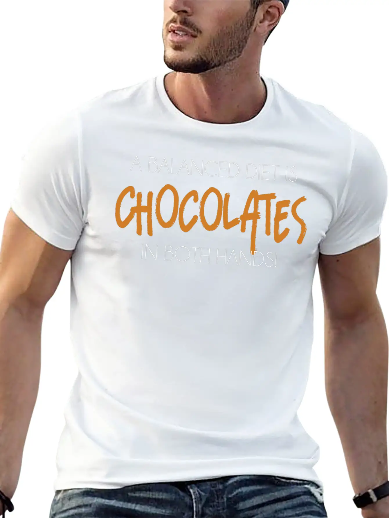 A Balanced Diet Is Chocolates In Both Hands T-Shir Classic Crew Neck Graphic Tee – Everyday Minimal Look