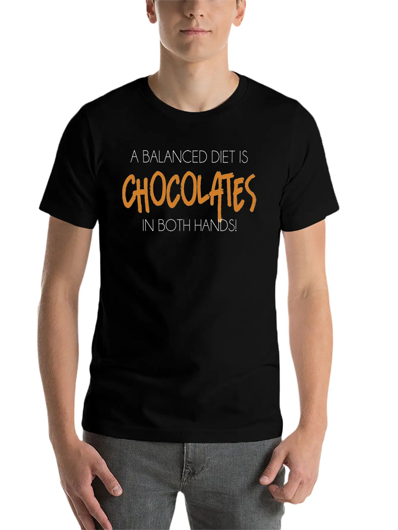 A Balanced Diet Is Chocolates In Both Hands T-Shir Classic Crew Neck Graphic Tee – Everyday Minimal Look
