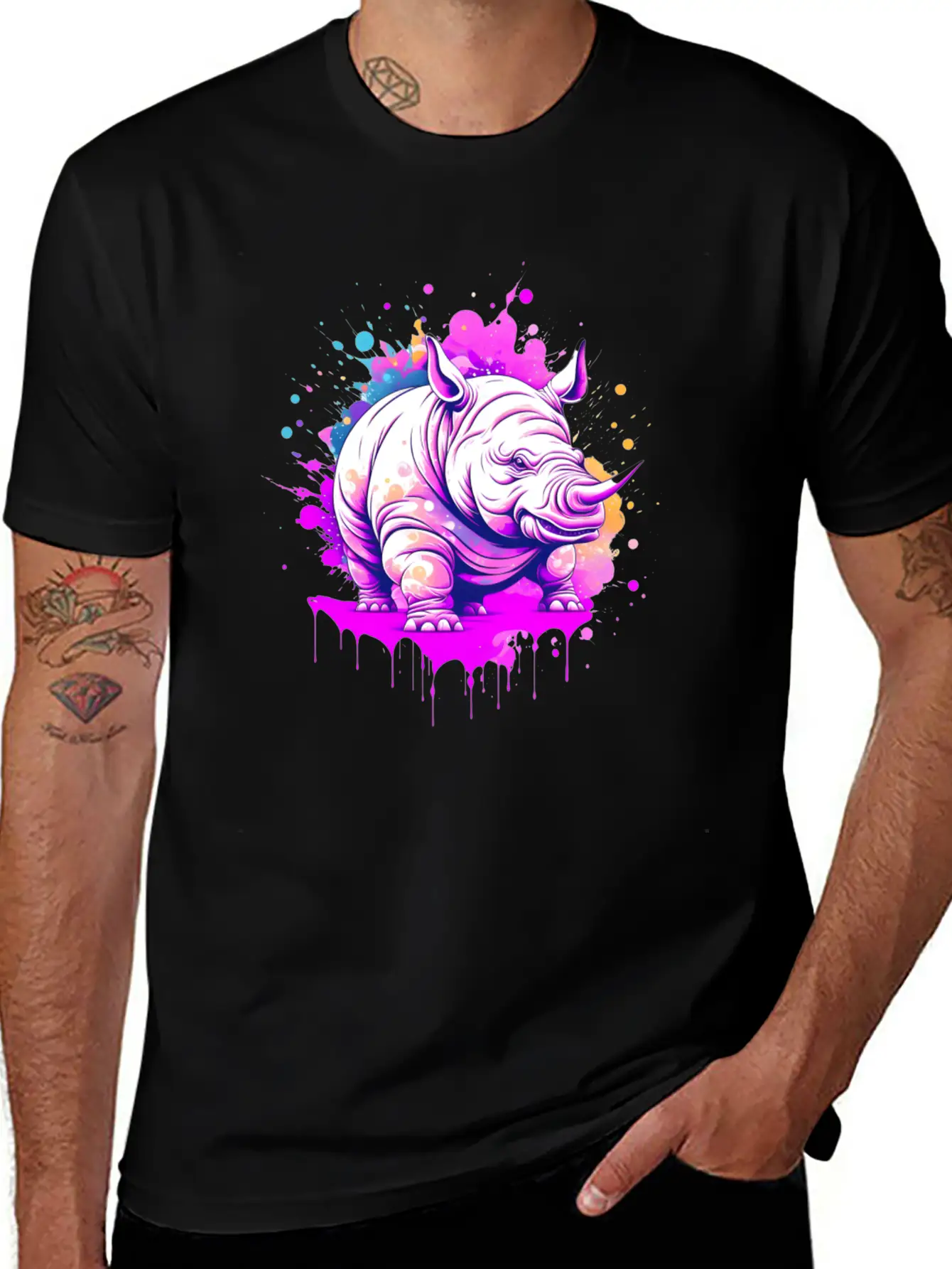 A Rhino With Paint Splatters On It's Face Breathable Soft Cotton T-Shirt – Timeless Casual Look